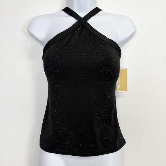 Michael Kors Studded Tankini Top Womens Size Medium Black Bikini Top Swim NWT - Picture 1 of 11